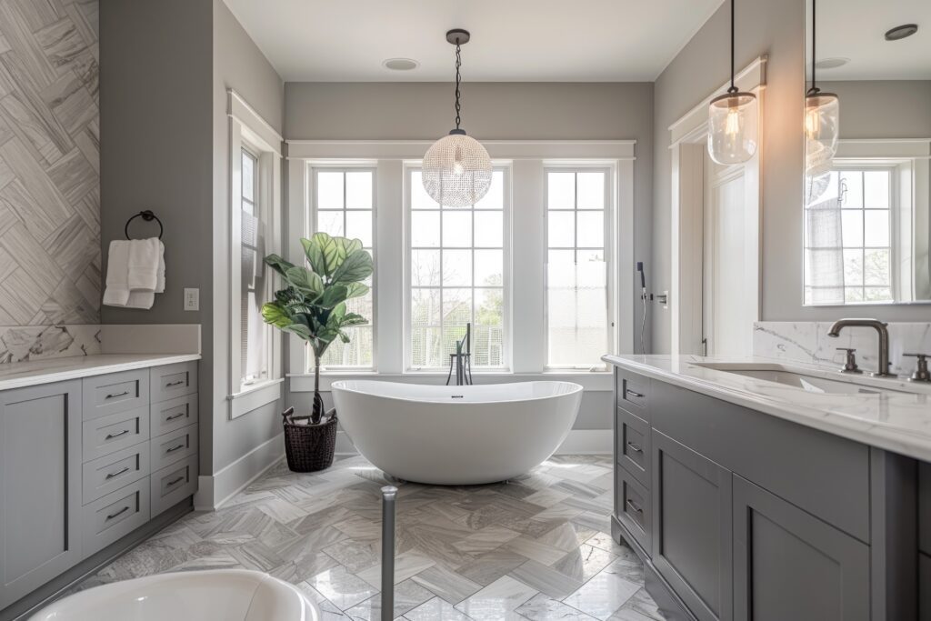 A modern bathroom renovation by Bayside Builders Group in the Bay Area, featuring a freestanding bathtub, elegant grey cabinetry, and large windows for natural light.