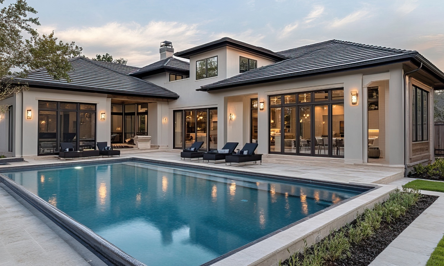 Luxurious Bay Area home with a modern backyard pool, showcasing high-quality construction and sophisticated exterior design, ideal for residential remodeling and renovation projects by Bayside Builders Group.