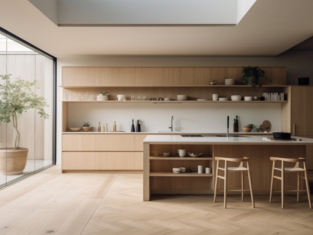Modern kitchen with natural wood cabinets and sleek countertops, exemplifying Bayside Builders Group's expertise in Bay Area kitchen renovations and contemporary design.