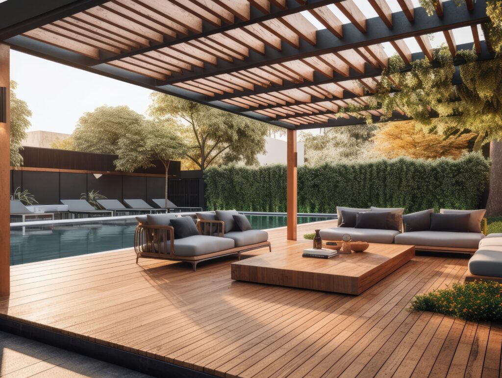 A modern outdoor living space with a wooden pergola and comfortable seating overlooking a pool, embodying the high-quality home remodeling expertise offered by Bayside Builders Group in the Bay Area.