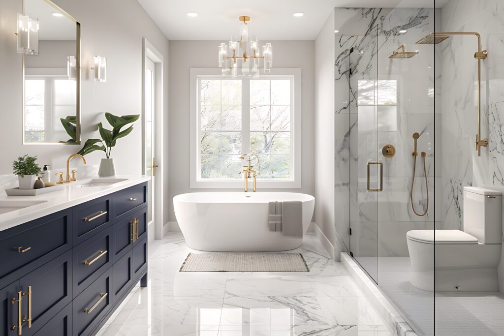 Luxurious modern bathroom featuring a free-standing bathtub, navy blue vanity with gold fixtures, and a glass-enclosed shower, exemplifying Bayside Builders Group’s expertise in Bay Area home renovation and bathroom remodeling.