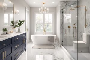 Luxurious modern bathroom featuring a free-standing bathtub, navy blue vanity with gold fixtures, and a glass-enclosed shower, exemplifying Bayside Builders Group’s expertise in Bay Area home renovation and bathroom remodeling.