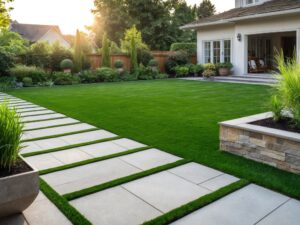 A beautifully landscaped backyard with a manicured lawn, stone pathway, and lush greenery, exemplifying Bayside Builders Group's expertise in enhancing Bay Area homes through quality construction and outdoor renovation.