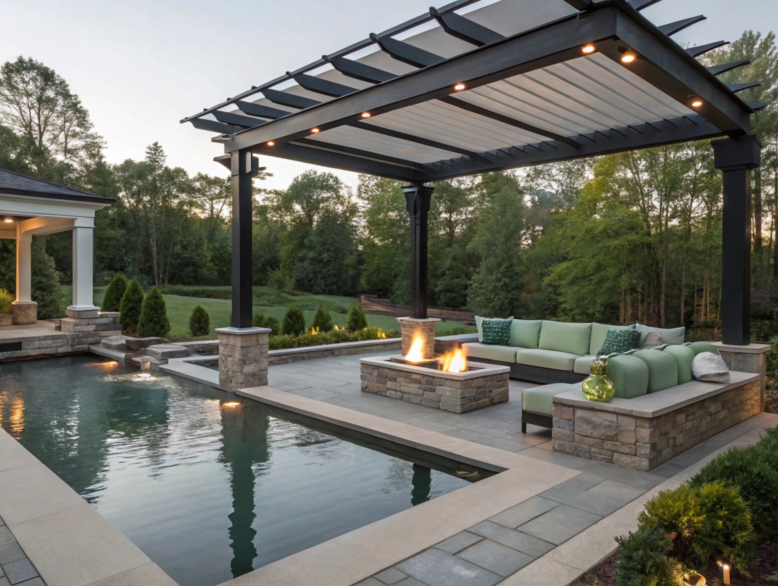 Elegant backyard patio featuring a modern pergola, a luxurious pool, and a cozy stone fire pit, showcasing Bayside Builders Group's expertise in creating stunning outdoor living spaces in the Bay Area.