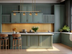 Modern kitchen with sleek green cabinetry and a warm wood backsplash, showcasing Bayside Builders Group's expertise in sophisticated Bay Area kitchen renovations.