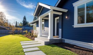 A modern home exterior featuring a navy blue facade and a welcoming porch, representing Bayside Builders Group's expertise in enhancing Bay Area homes with sophisticated siding and renovation solutions.