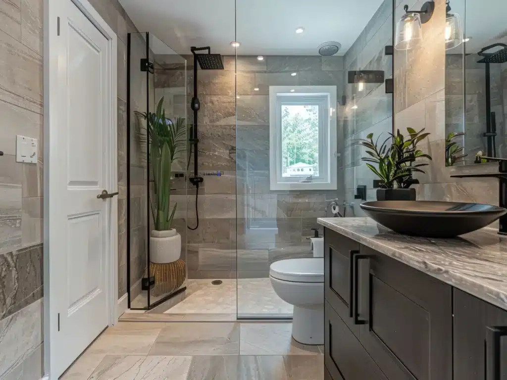 Modern bathroom remodel with walk-in shower, custom vanity, and tile design by Bayside Builders Group