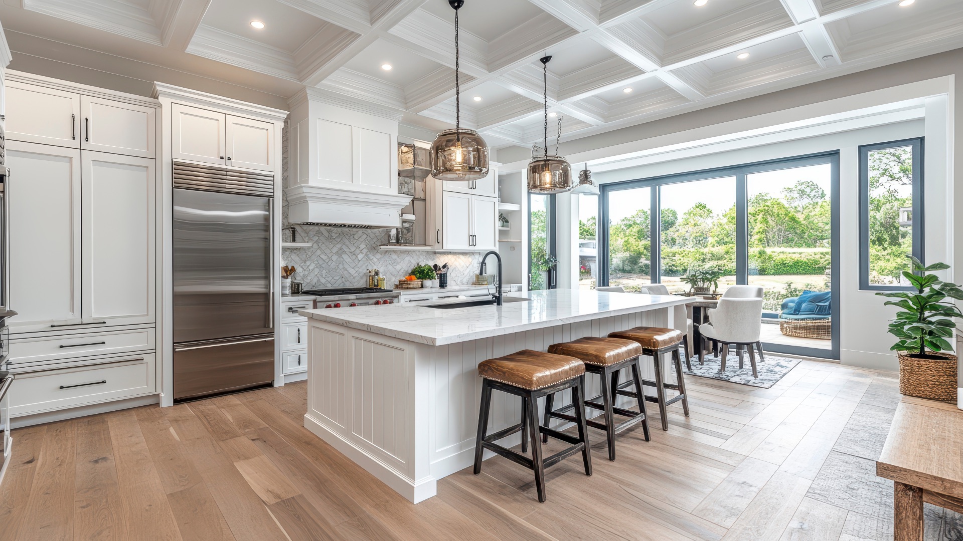 A beautifully remodeled kitchen with sleek white cabinets, a spacious island with seating, and modern lighting, exemplifying Bayside Builders Group's expertise in Bay Area kitchen renovations.