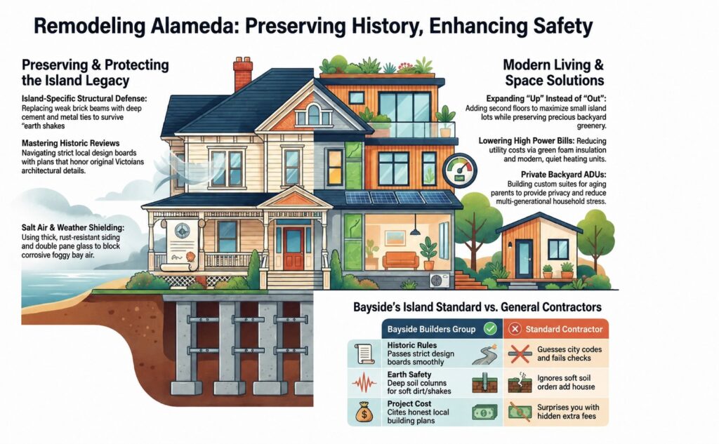 Illustration of an Alameda home remodel with historic preservation, seismic upgrades, second-story addition, and backyard ADU