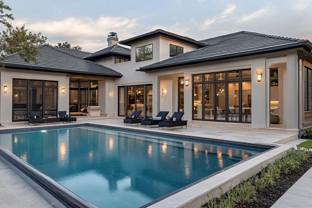 Luxurious Bay Area home with a modern backyard pool, showcasing high-quality construction and sophisticated exterior design, ideal for residential remodeling and renovation projects by Bayside Builders Group.